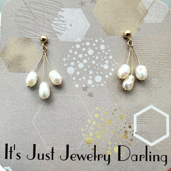Womens Earrings 14K Yellow Gold White Pearl Chandelier Pierced Gift Idea for Her - Picture 2 of 6